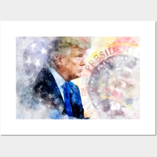 Donald Trump with Seal of the President and American flag Posters and Art